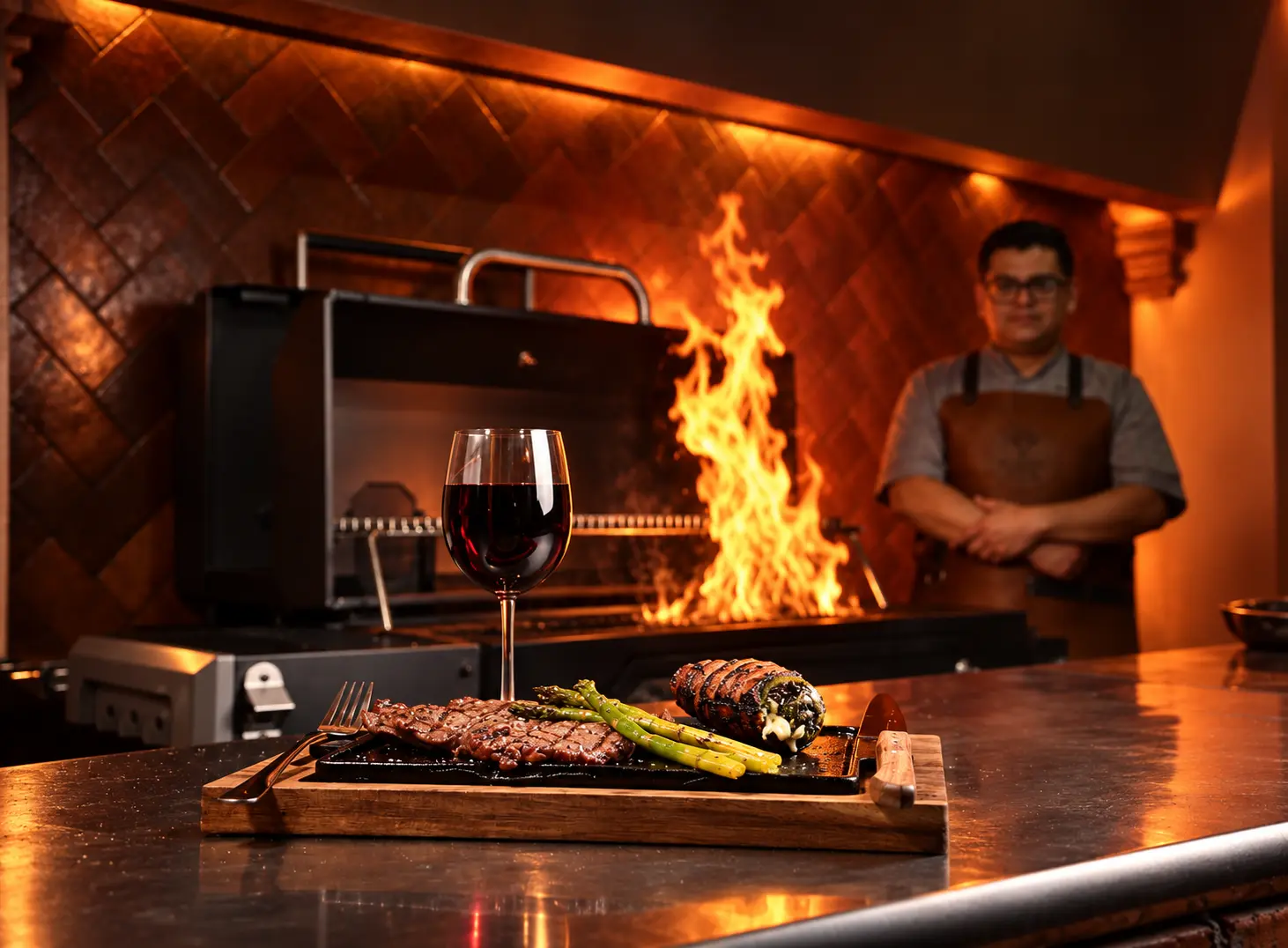 Corte al grill con copa de vino frente a las brasas