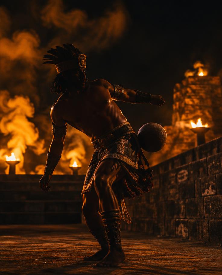 Jugador ancestral en pleno juego de pelota entre antorchas — fotografía temporal para visualización