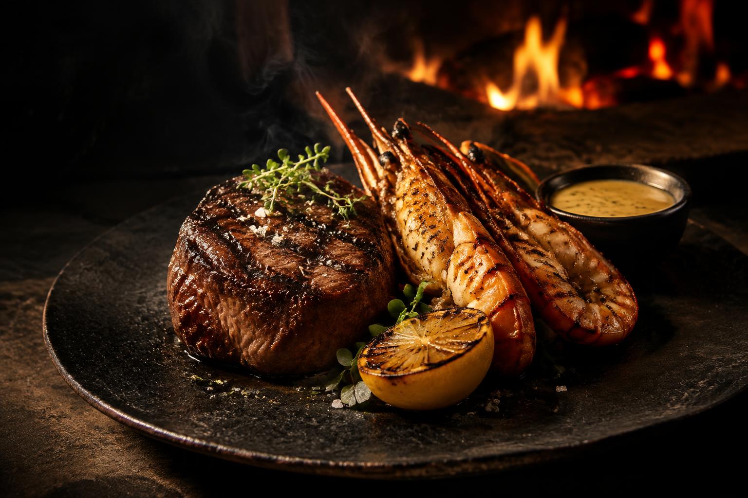 Cena Mar & Tierra Premium — corte a la brasa con langostinos — fotografía temporal para visualización
