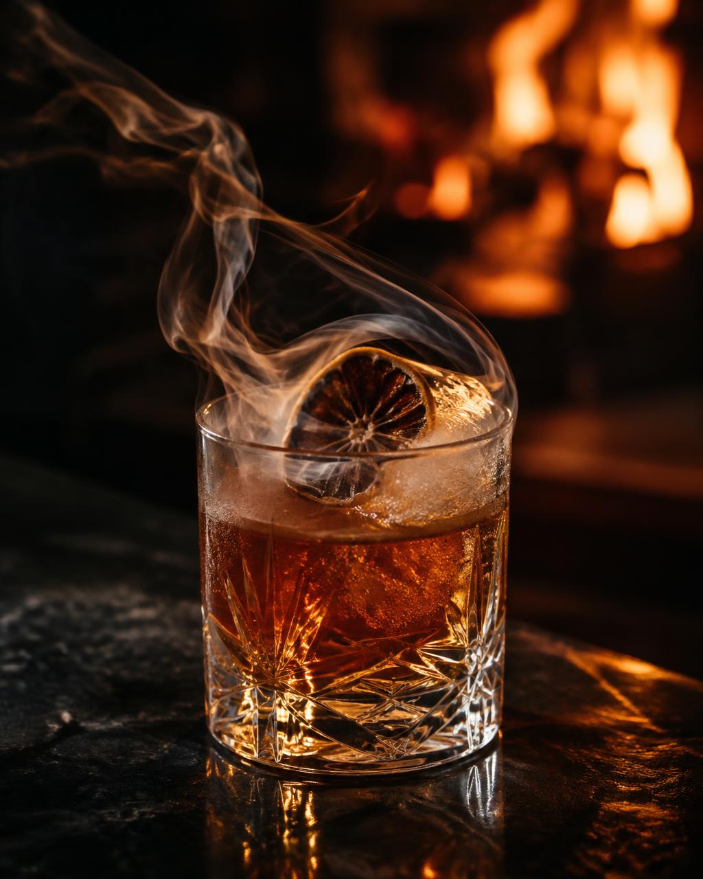 Coctel de autor ahumado junto al fuego — fotografía temporal para visualización