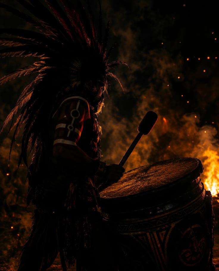 Músico ancestral con tambor ceremonial junto al fuego — fotografía temporal para visualización