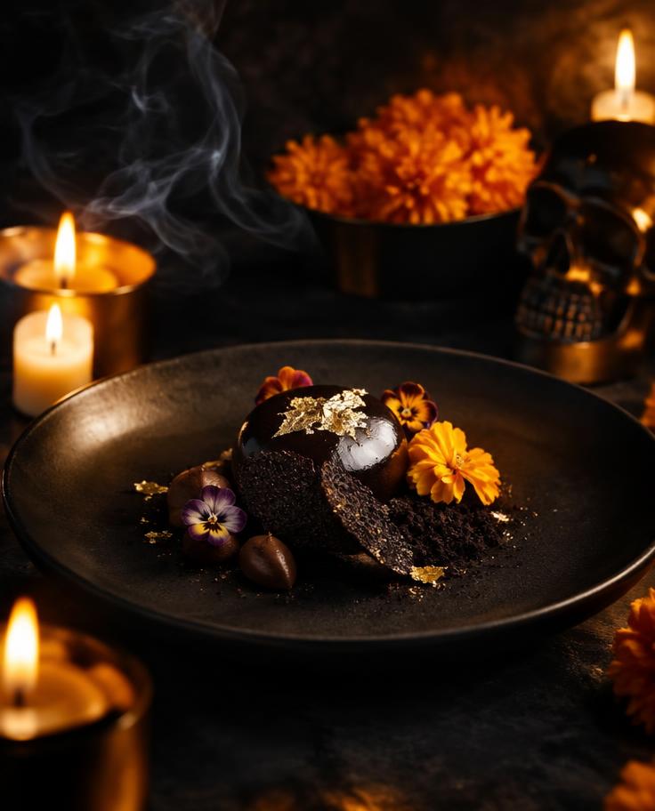 Postre de autor con cempasúchil y oro comestible — fotografía temporal para visualización