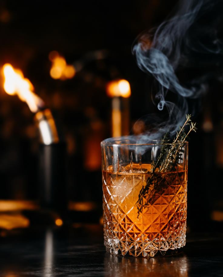 Coctel ahumado de bienvenida junto a antorchas — fotografía temporal para visualización